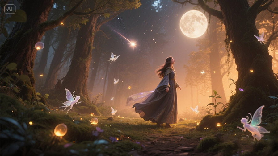 jimeng-2025-05-13-593-女子身穿魔法袍，在童话森林里，月光和流星，有透明小精灵和萤.jpeg