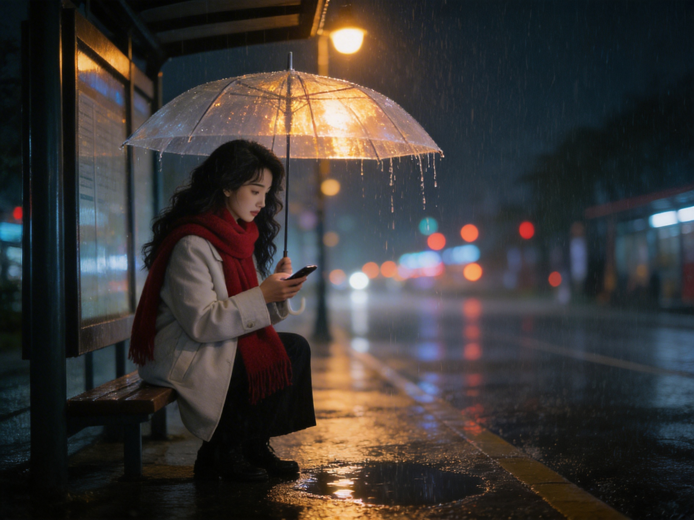 jimeng-2026-02-24-6832-参考图1和图2的形象生成：雨夜公交站，黑长卷发的女子围红色.png