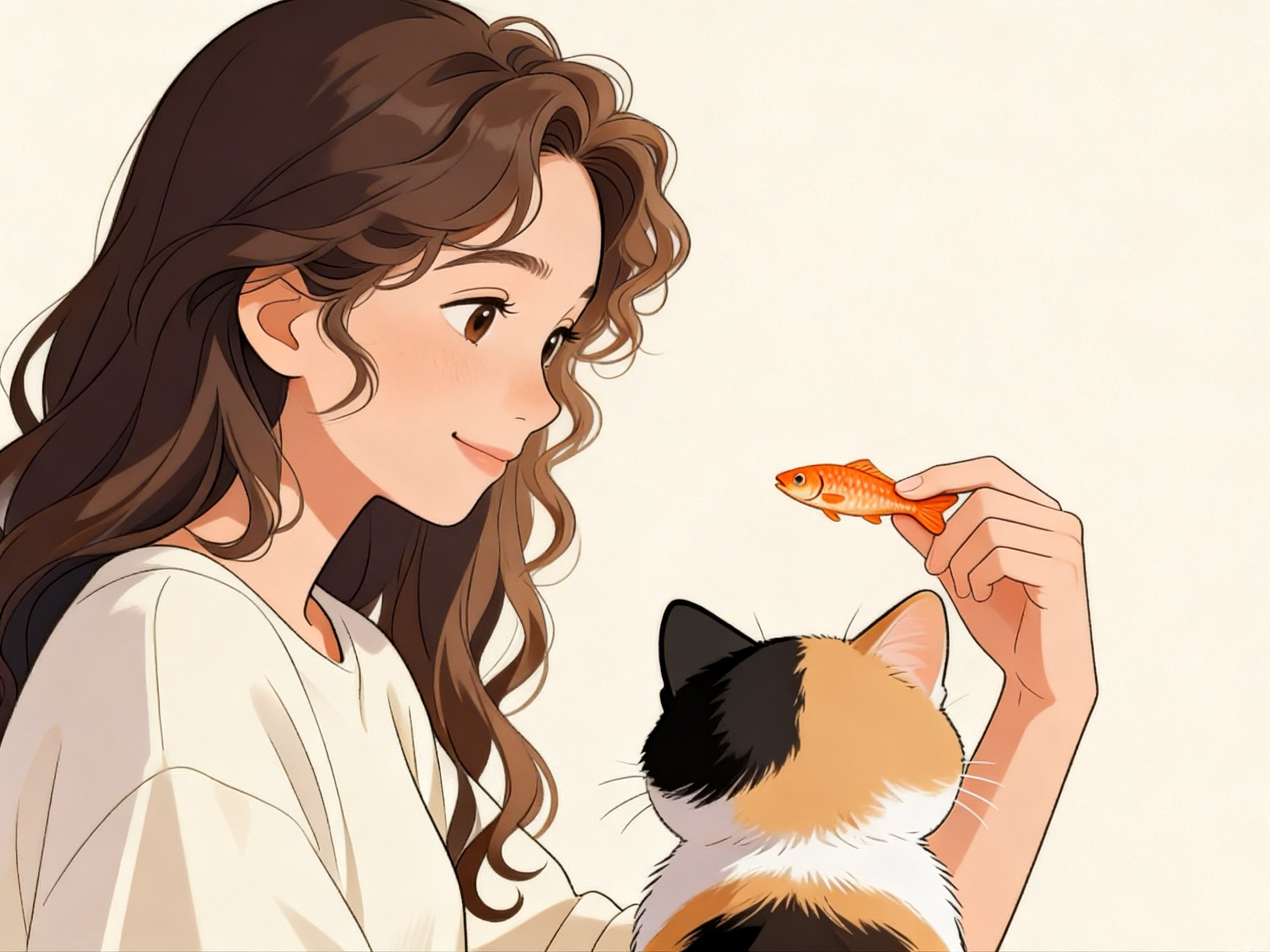 jimeng-2026-02-26-5998-保留图1中三花猫和喂小鱼干的场景，将图1中的卡通卷发女孩替.png